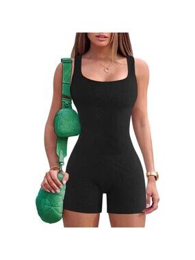 Women Jumpsuit Ribbed One Piece  Tank Top Sleeveless Bodycon Sport Shorts